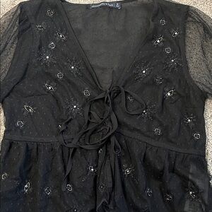 Abercrombie & Fitch Black Lace Tie Front Sheer Beaded Fairy Whimsigoth Top Y2K S